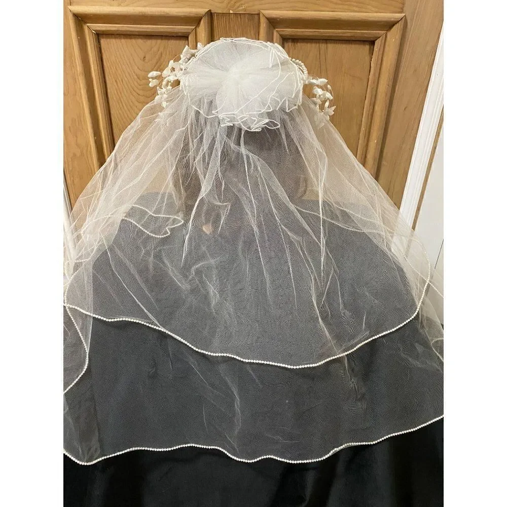 Vintage 2 Tier Viel Bridal Wedding Lace Tulle Tiered Pearls Headband